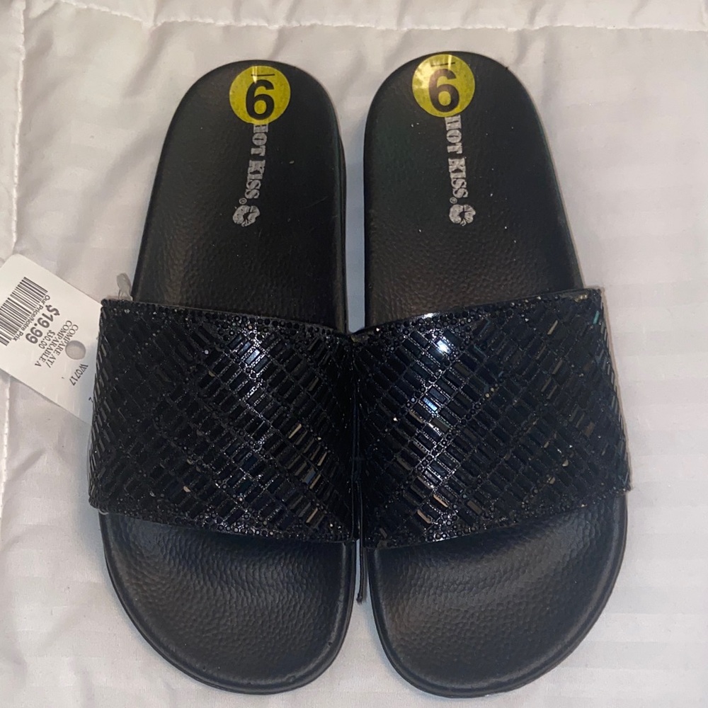 Black Slide Sandals with Textured Strap